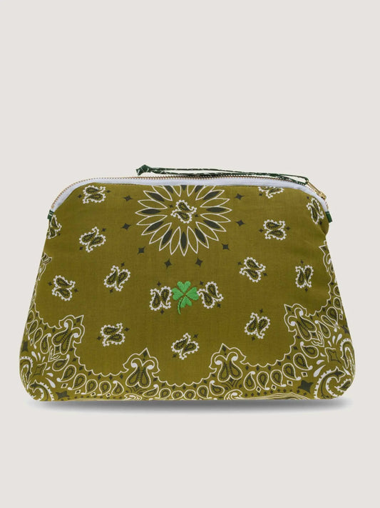 A green bandana makeup pouch with a clover embroidery and a zipper closure.