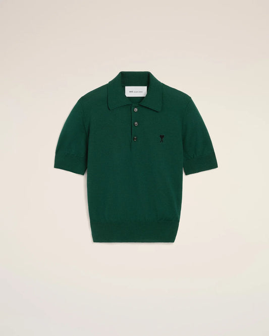 Ami Green Wool Short Sleeve Polo with Ami de Coeur