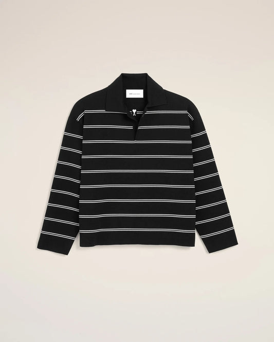 Ami Black Striped Cotton Polo