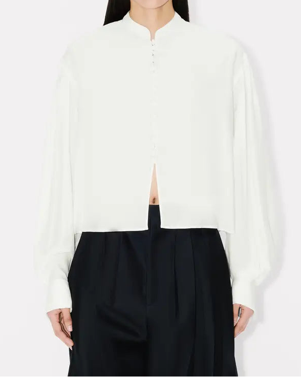 Person wearing a white shirt and black pants on a white background