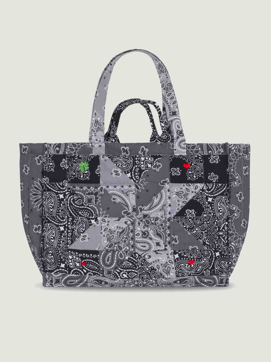 Black and Gray bandana maxi tote bag with patchwork design, with 2 handles and shoulder straps, great for travel, lightweight, by Call it by your name