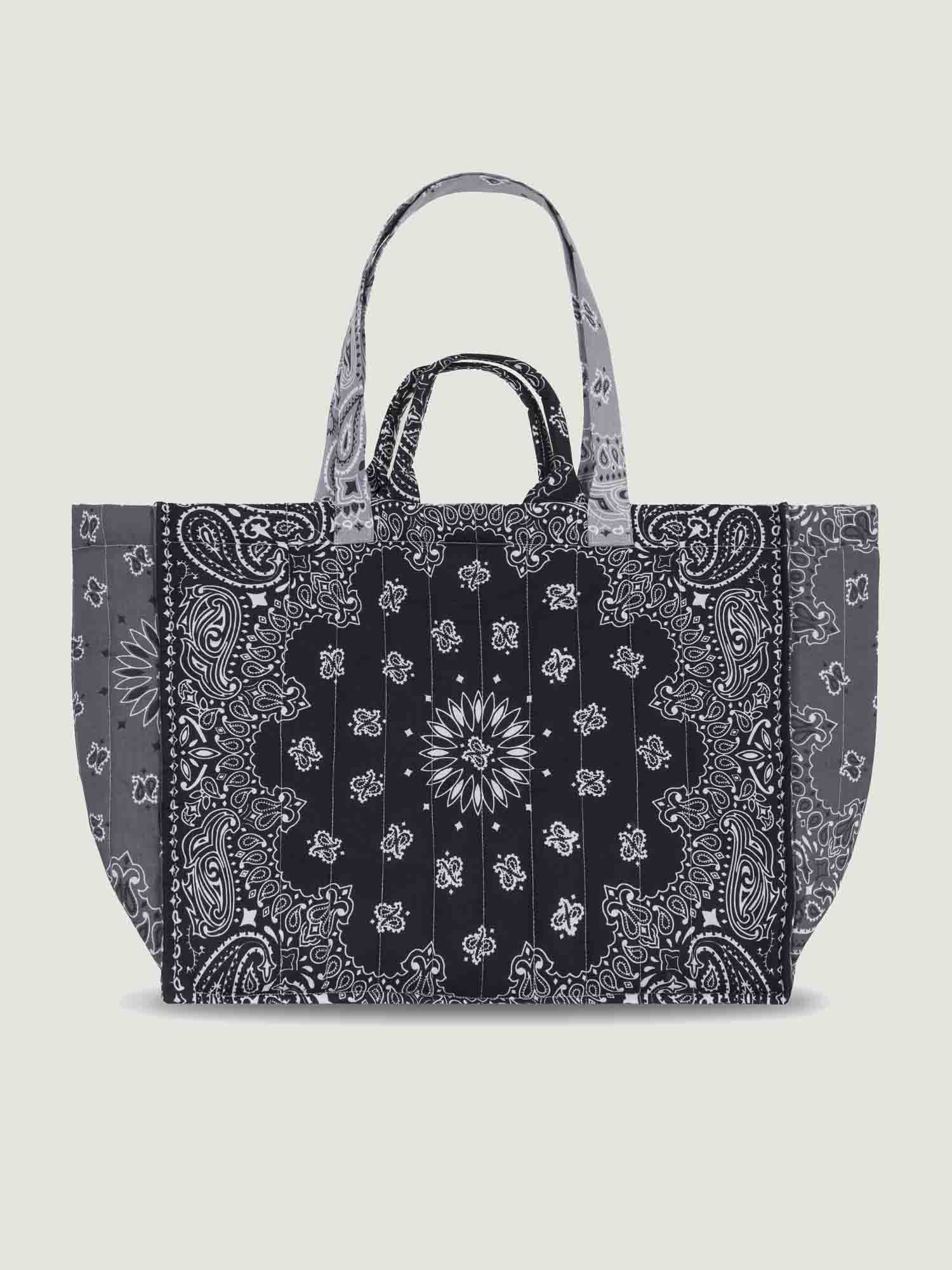 Black and Gray bandana maxi tote bag with patchwork design, with 2 handles and shoulder straps, great for travel, lightweight, by Call it by your name, back view