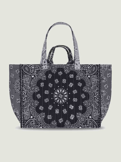 Black and Gray bandana maxi tote bag with patchwork design, with 2 handles and shoulder straps, great for travel, lightweight, by Call it by your name, back view