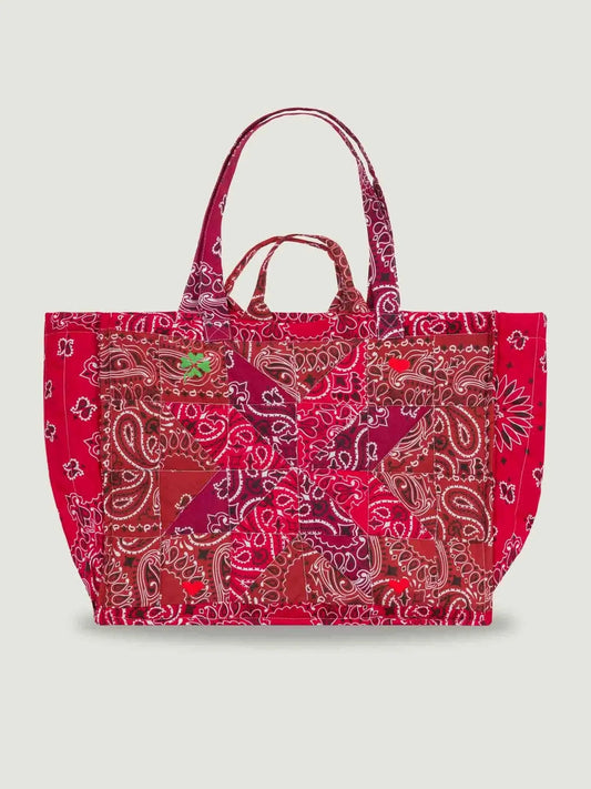 Red bandana patchwork large tote bag from Call it by your name with 2 handles and shoulder straps, lightweight, great for travel