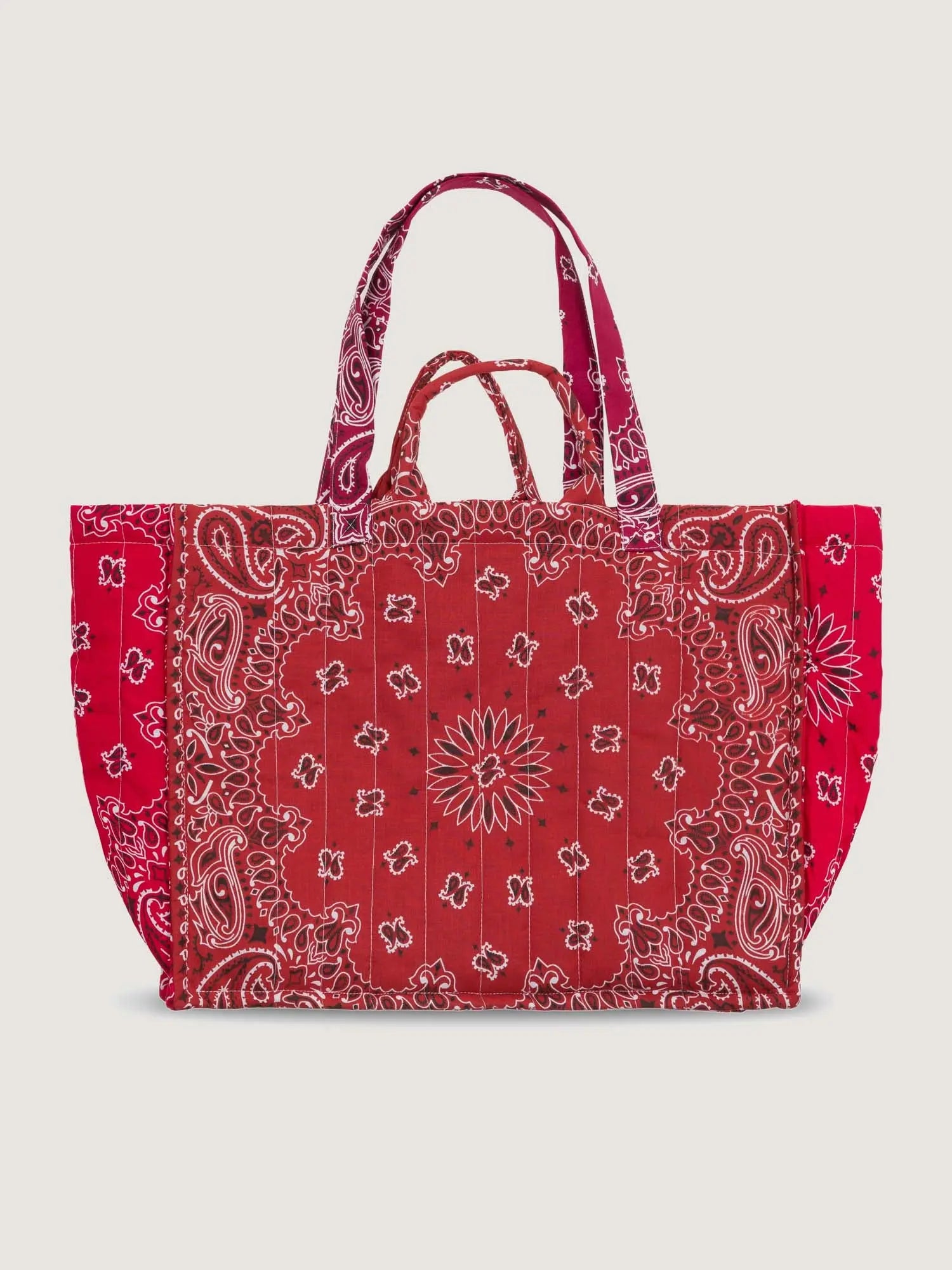 Red bandana patchwork large tote bag from Call it by your name with 2 handles and shoulder straps, lightweight, great for travel, back image