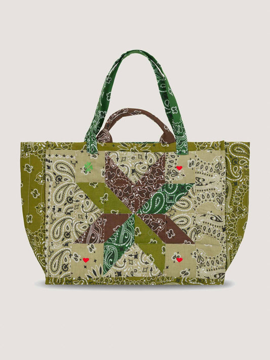 Green, beige and brown bandana large tote bag with patchwork design, great for travel, handles and shoulder strap by call it by your name