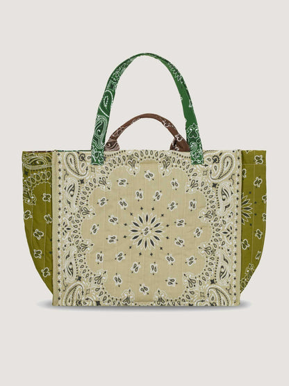 Green, beige and brown bandana large tote bag with patchwork design, great for travel, handles and shoulder strap by call it by your name, back