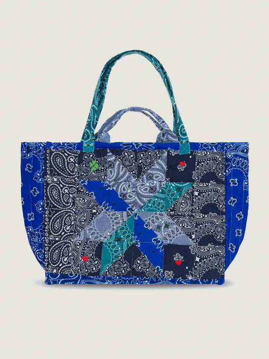 Blue and navy bandana maxi tote bag quilted with patchwork pattern, with 2 handles and shoulder straps, lightweight, great for travel, by Call it by your name