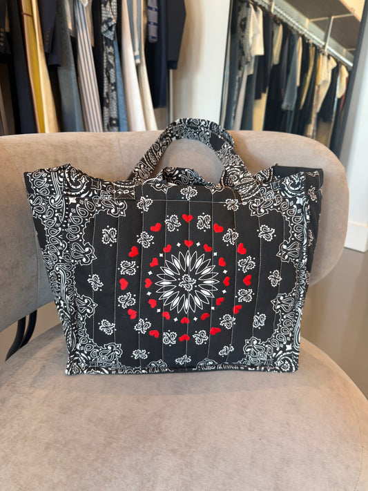 Black bandana medium quilted tote bag with red embroidered hearts, 2 handles, 2 shoulder straps, lightweight, great for gym, travel, school, college, beach, diaper bag, by call it by your name