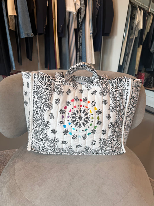 White bandana large tote bag with multicolored hearts embroidery, 2 handles and 2 shoulder straps, lightweight, great for travel, by call it by your name