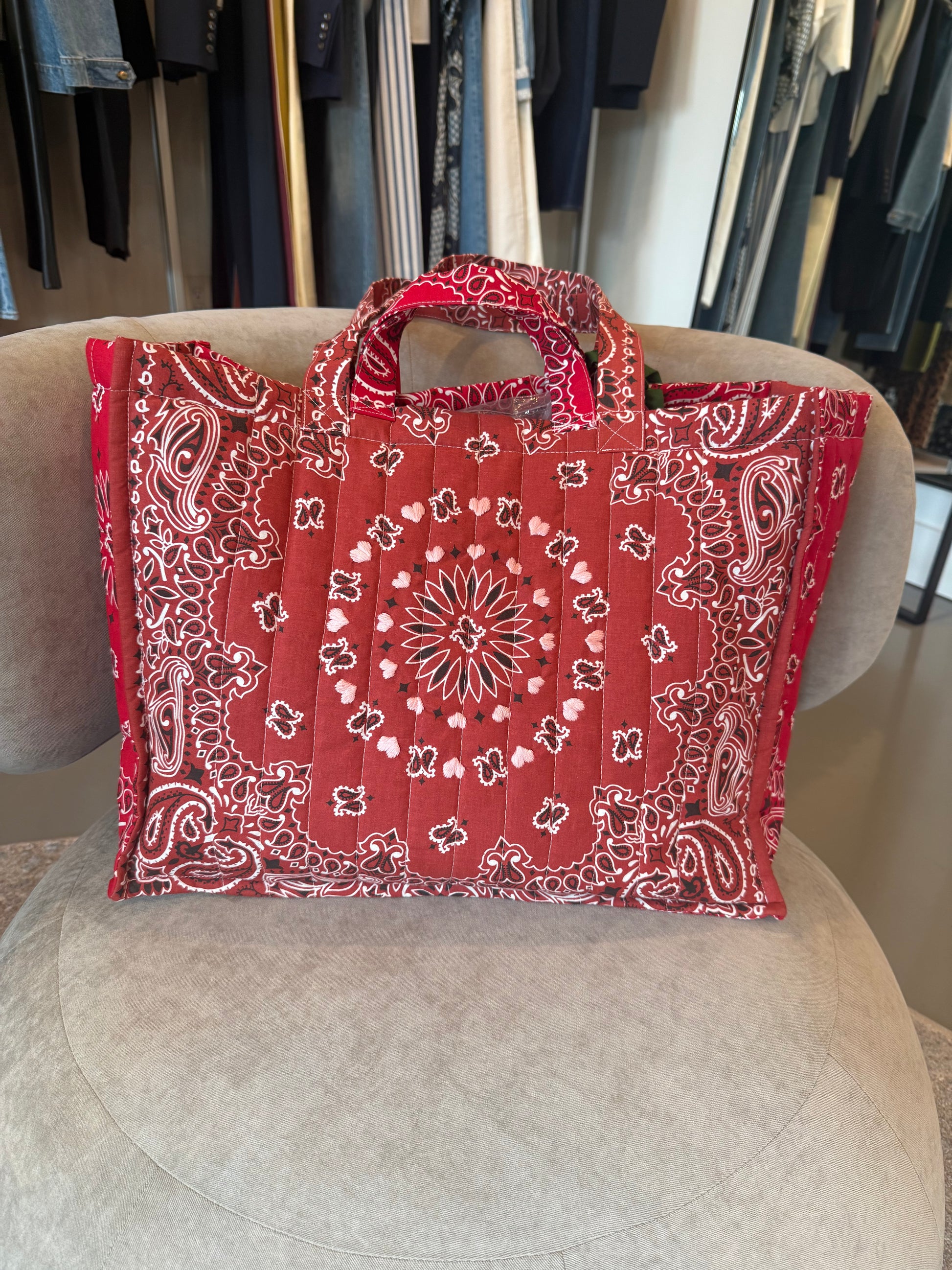 Red bandana large tote bag embroidered with light pink hearts, 2 handles and 2 shoulder straps, lightweight, great for travel by Call it by your name