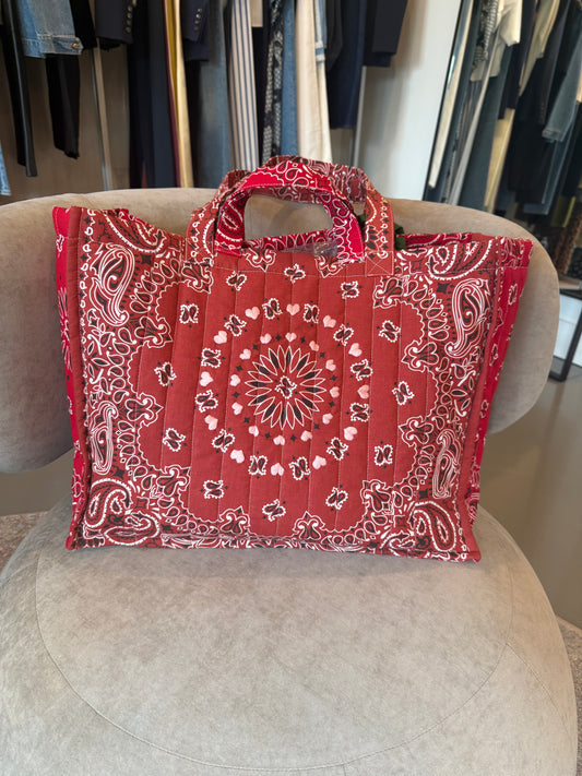 Red bandana large tote bag embroidered with light pink hearts, 2 handles and 2 shoulder straps, lightweight, great for travel by Call it by your name