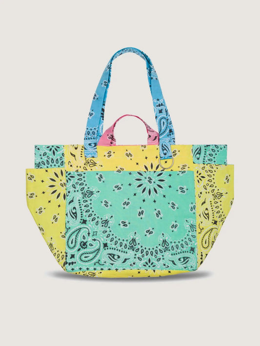 colorblock bandana tote bag with inside and outsede pockets, 2 handles, 2 shoulder straps, from brand Call it by your name