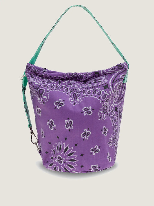 Purple and mint bandana bucket bag with adjustable strap, by brand Call it by your name