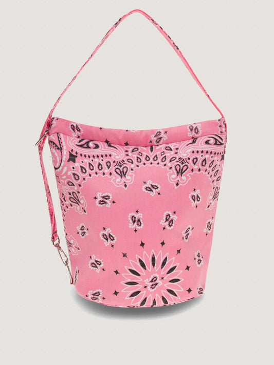 Pink bandana bucket bag with adjustable strap by brand call it by your name