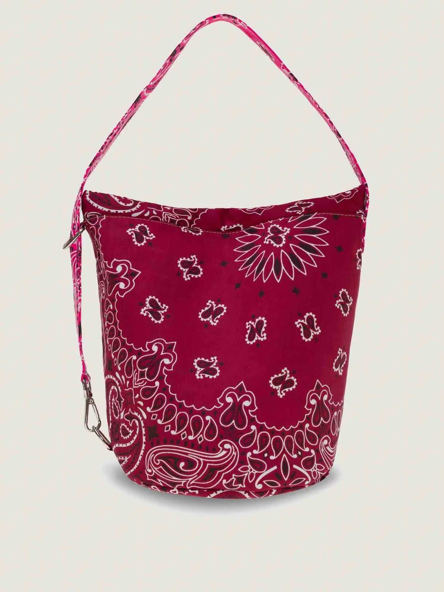 Burgundy and Fuschia bandana bucket bag with adjustable strap, by brand Call it by your name