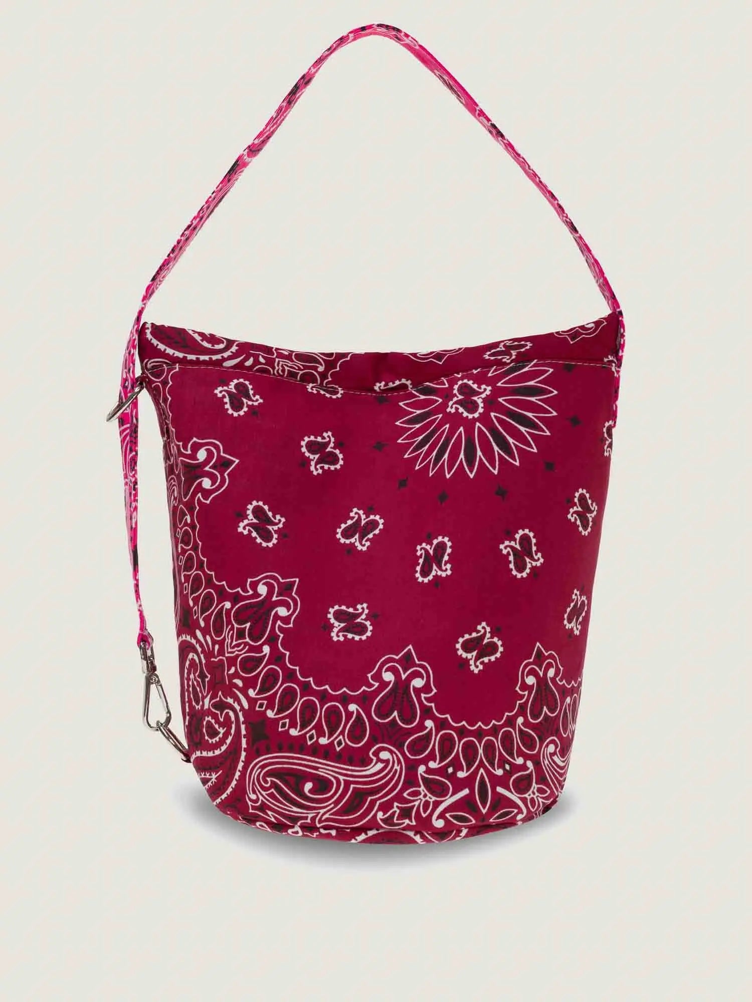 Burgundy and Fuschia bandana bucket bag with adjustable strap, by brand Call it by your name