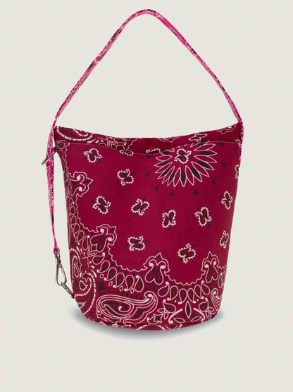 Burgundy and Fuschia bandana bucket bag with adjustable strap, by brand Call it by your name