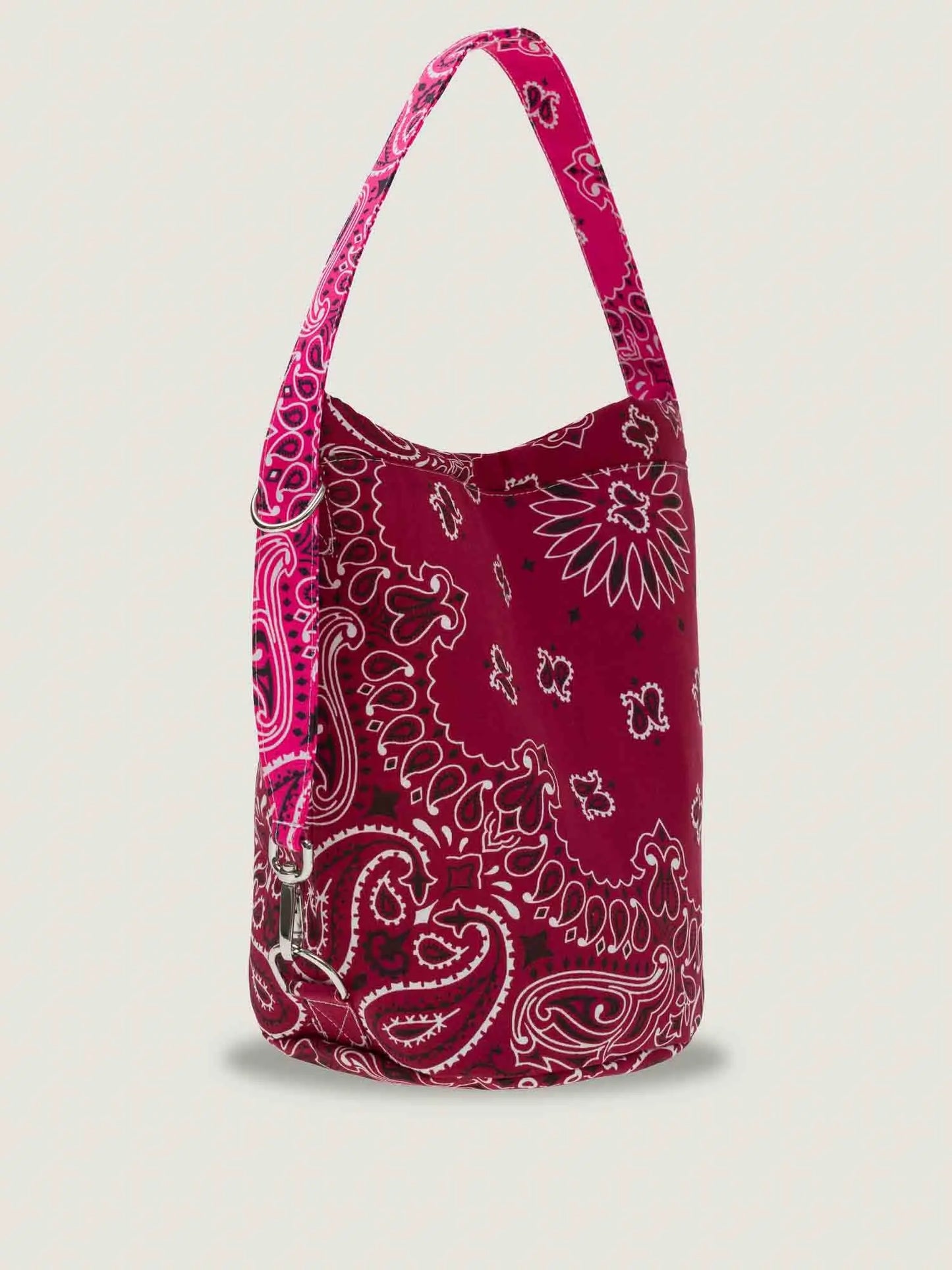 Burgundy and Fuschia bandana bucket bag with adjustable strap, by brand Call it by your name, side view