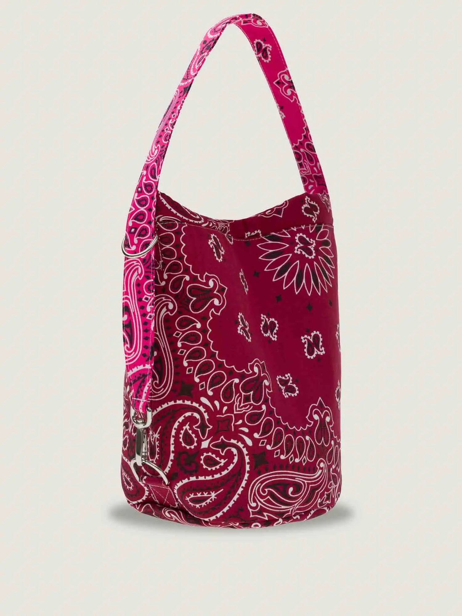 Burgundy and Fuschia bandana bucket bag with adjustable strap, by brand Call it by your name, side view