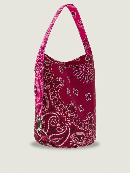 Burgundy and Fuschia bandana bucket bag with adjustable strap, by brand Call it by your name, side view