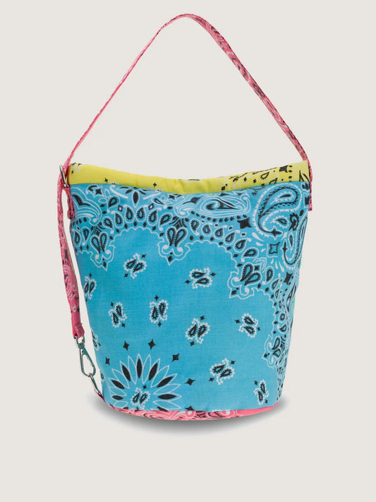 Pale blue Colorblock bandana bucket bag, adjustable strap, by brand Call it by your name