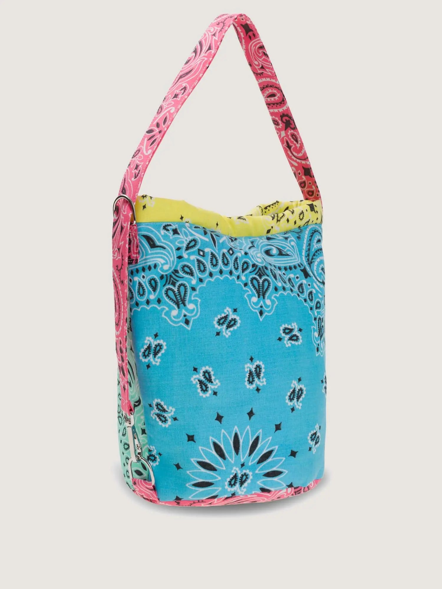 Pale blue Colorblock bandana bucket bag, adjustable strap, by brand Call it by your name, side view