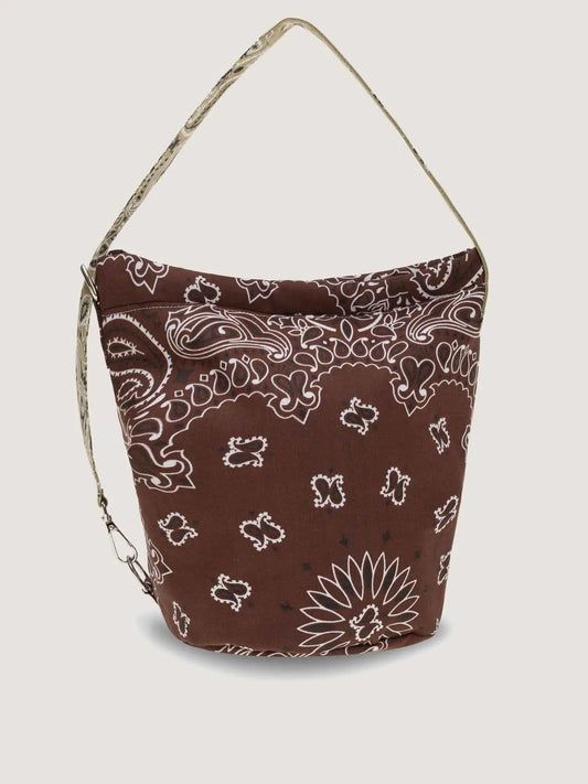 Brown and beige bandana bucket bag with adjustable strap, by brand Call it by your name