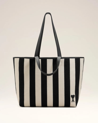 Ami de Coeur shopping bag in striped cotton canvas and smooth leather