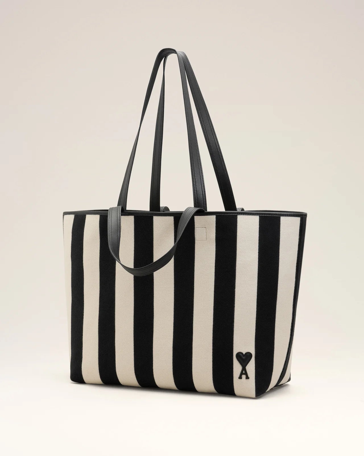 Ami de Coeur shopping bag in striped cotton canvas and smooth leather