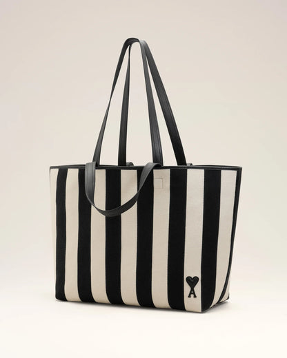 Ami de Coeur shopping bag in striped cotton canvas and smooth leather