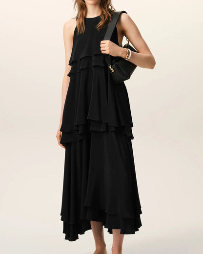 Ami Silk Long Dress with Ruffles