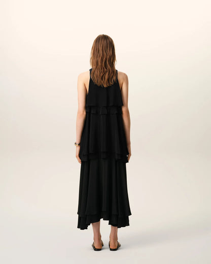 Ami Silk Long Dress with Ruffles