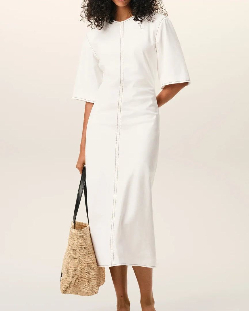 Ami White Cotton Long Fitted Dress