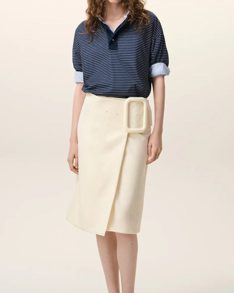 Ami White Big Buckle Belted Midi Skirt