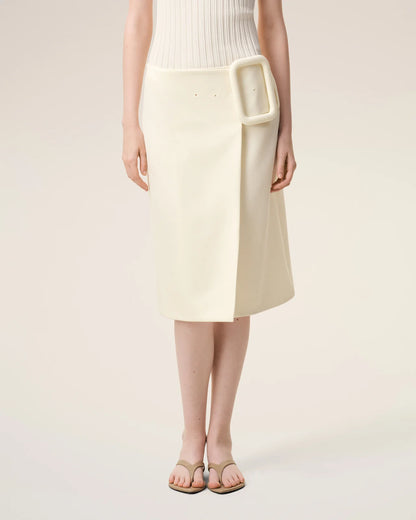 Ami White Big Buckle Belted Midi Skirt