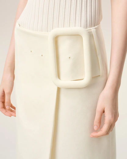 Ami White Big Buckle Belted Midi Skirt
