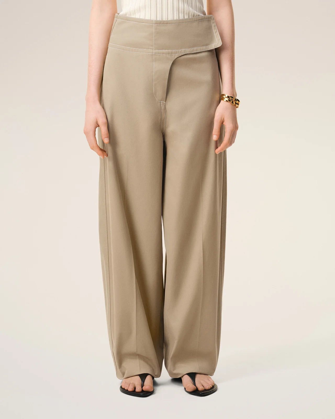 Ami Beige Cotton Wrapped Belted Trousers