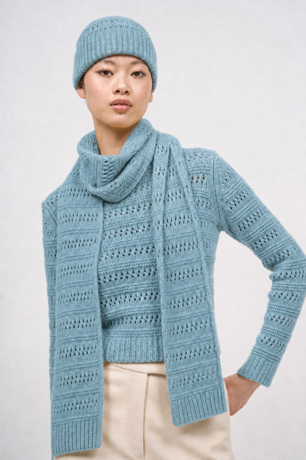 Paul & Joe Boston pale green cashmere pointelle beanie, worn with the matching Irlande scarf