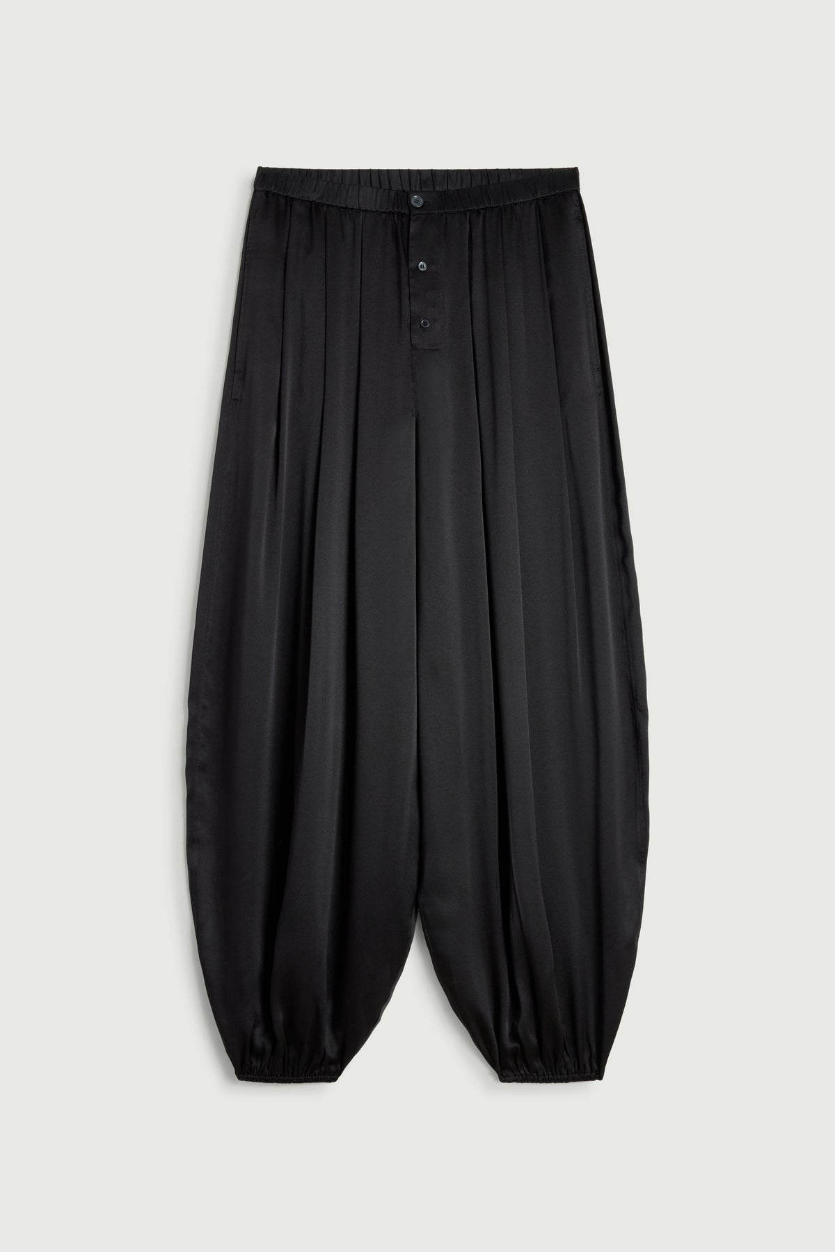 Soeur Leopold balloon trousers in black silk satin, front view