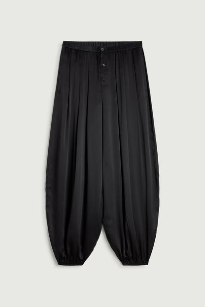 Soeur Leopold balloon trousers in black silk satin, front view