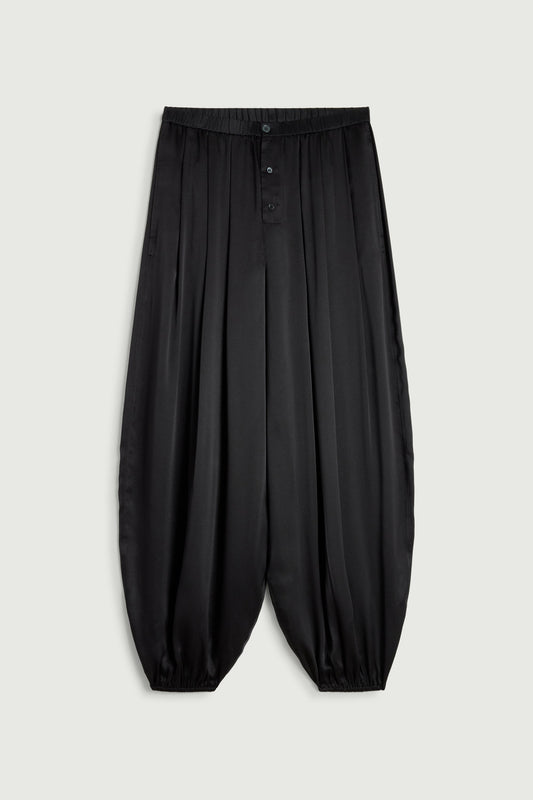 Soeur Leopold balloon trousers in black silk satin, front view