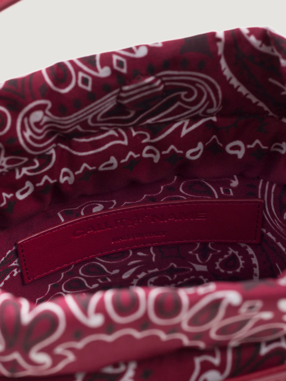 Inside of the Call It By Your Name mini cherry Peekaboo bag showing the red bandana-print lining
