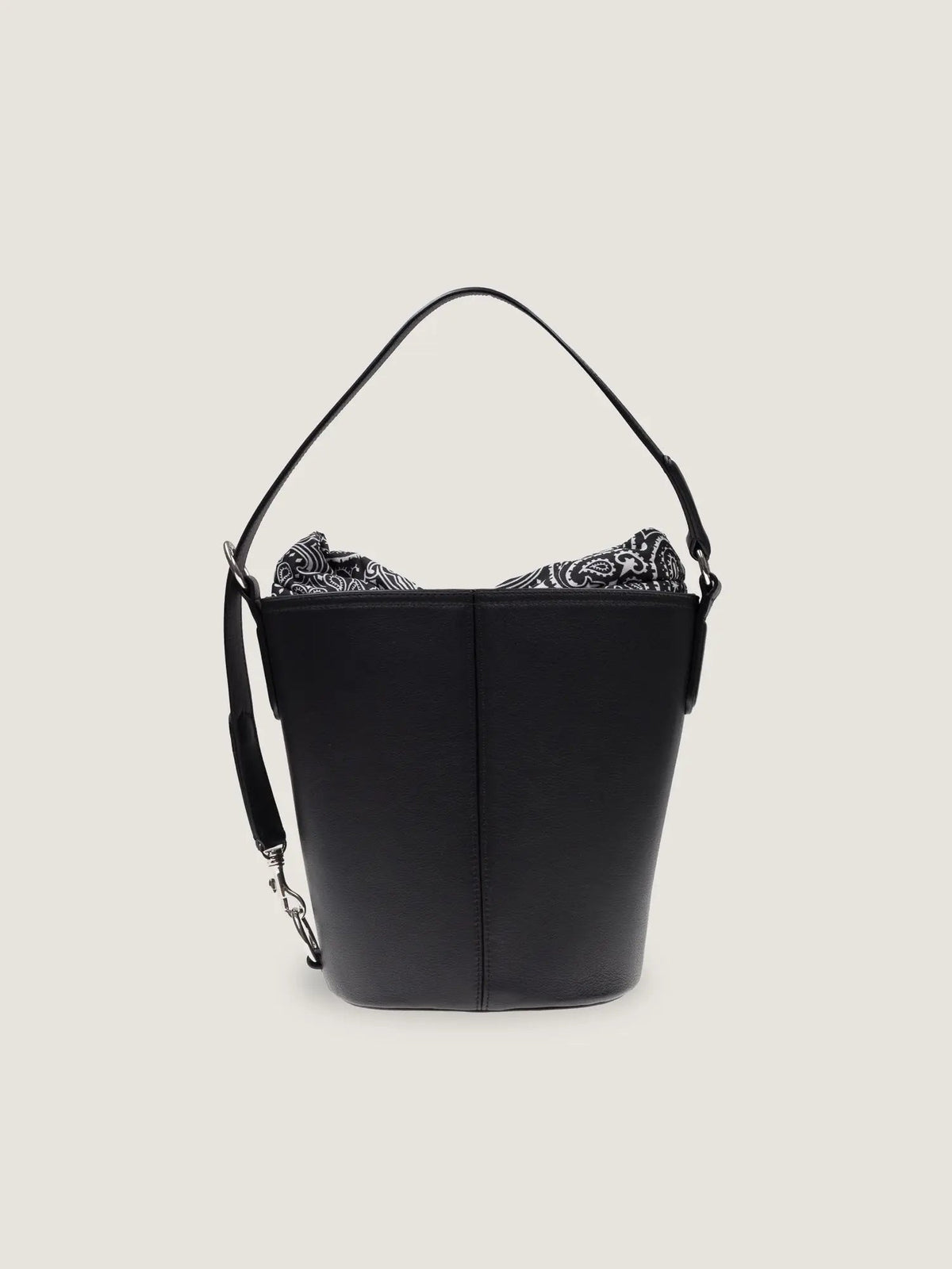 Front view of the Call It By Your Name medium Peekaboo leather bucket bag in black