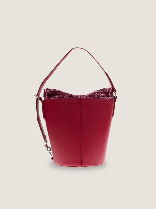 Front view of the Call It By Your Name medium Peekaboo leather bucket bag in cherry