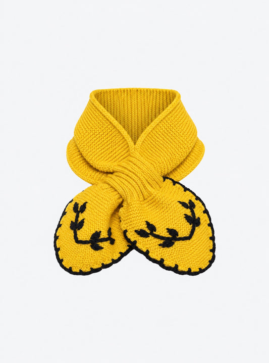 Flat-lay view of the Molli Dolce hand-embroidered mini scarf in sun yellow with midnight blue embroidery