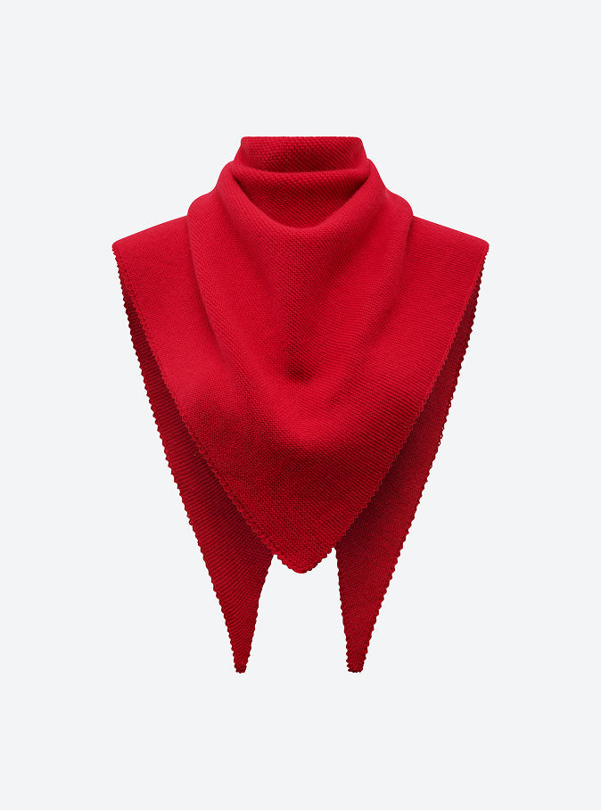 Molli Frais lady red garter-stitch triangle scarf in merino wool and cashmere, second view
