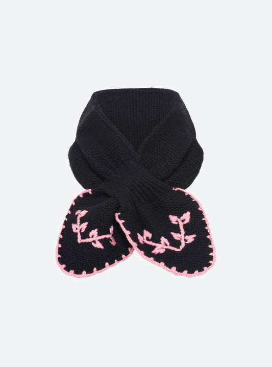 Flat-lay view of the Molli Dolce hand-embroidered mini scarf in deep black with candy pink embroidery