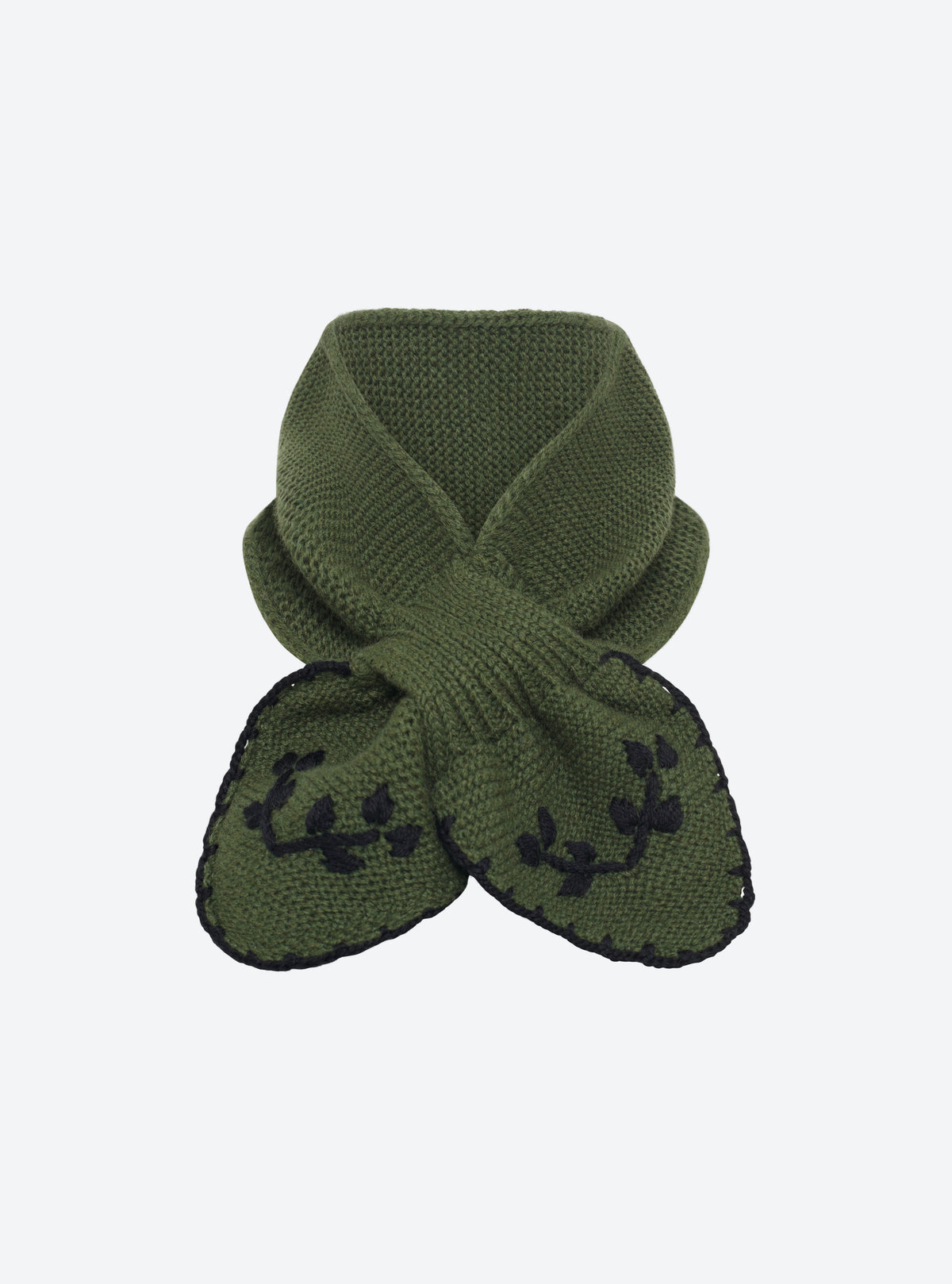 Flat-lay view of the Molli Dolce hand-embroidered mini scarf in khaki with deep black embroidery