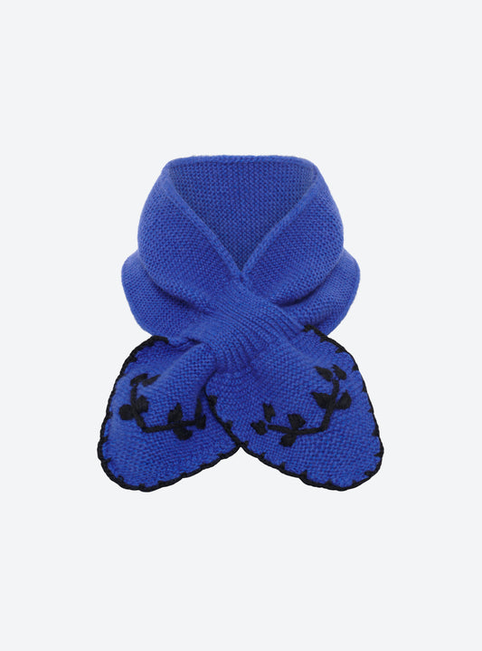 Flat-lay view of the Molli Dolce hand-embroidered mini scarf in ultramarine blue with deep black embroidery